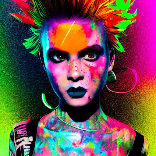 Image similar to splashes of neon, mowhawk, punk women portrait made out of paint, trending on artstation, epic composition, emotional, beautiful, rendered in octane, highly detailed, realistic, tim burton comic book art, sharp focus, unreal engine, depth of field, path tracing