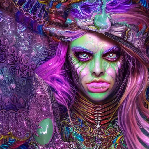 Image similar to psychadelic witch, hyper detailed, flowing psychadelic background intricate and detailed, ornate 8 k gorgeous intricate detailed, octane render