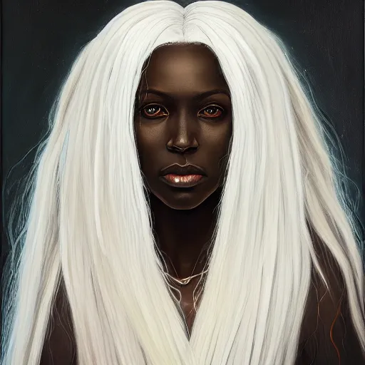 Prompt: a detailed matte oil on canvas head on symmetrical portrait of black skinned woman with! long white hair! and ( ( ( pale greenish ) ) hair, clothed by charlie bowater, lise deharme, wlop, trending on artstationhd, dungeons and dragons art critical role