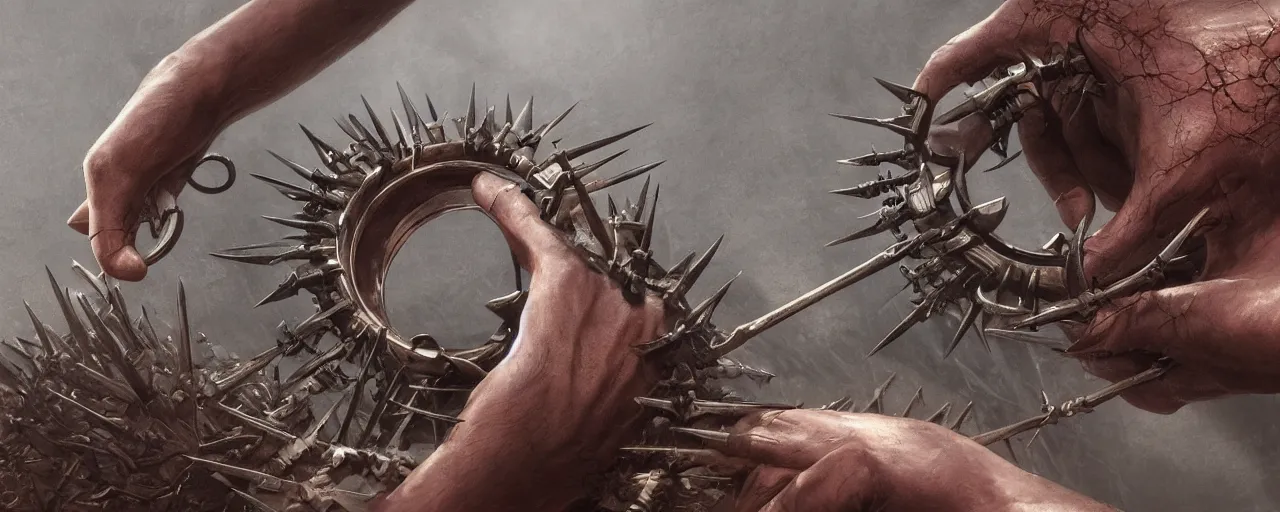 Image similar to wooden ring with spikes, ring, wood, steel, sword, smooth shank, engravings, product design, jewelry, art by gerald brom, greg rutkowski and artgerm and james jean and zdzisław beksinski, 8 k, unreal engine, c 4 d