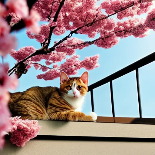 Image similar to cat on top of a balcony, viewing many cherry blossom trees from below, anime