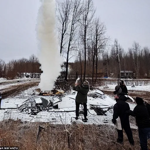 Image similar to on the territory of the Russian village house in Russia there is a large funnel after a missile strike near which a crowd of people gathered and takes pictures of it