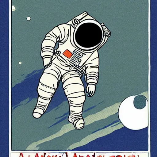 Image similar to An astronaut in space, in the style of kawase hasui