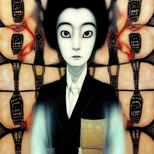 Image similar to yoshitaka amano blurred and dreamy realistic three quarter angle portrait of a woman with white hair and black eyes wearing dress suit with tie, junji ito abstract patterns in the background, satoshi kon anime, noisy film grain effect, highly detailed, renaissance oil painting, weird portrait angle, blurred lost edges