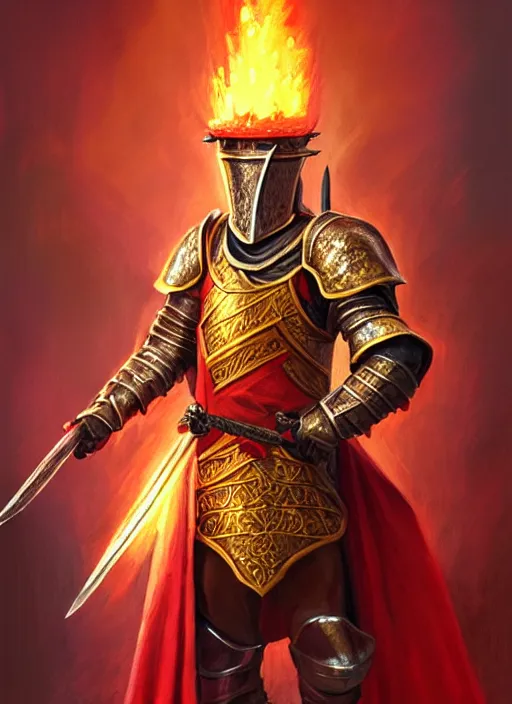 Image similar to a _ fantasy _ style _ portrait _ painting _ of knight with red plume, gold sword and big shield, fire background, firey environment, oil _ painting _ unreal _ 5 _ daz. _ rpg _ portrait _ extremely _ detailed _ artgerm _ greg _ rutkowski _ greg