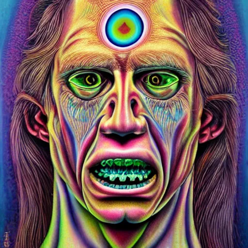 Image similar to hyperrealism realistic lsd detailed 3 d scary pyschedelic trippy nightmare face in the style of alex grey and pablo amaringo and david normal