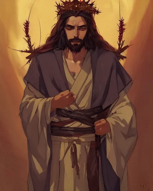 Image similar to an anime portrait of jesus as a beautiful man wearing a kimono and a crown of thorns from skyrim, by stanley artgerm lau, wlop, rossdraws, james jean, andrei riabovitchev, marc simonetti, and sakimichan, trending on artstation