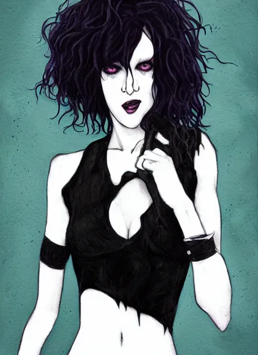 Prompt: death of sandman by neil gaiman, cute gothette, black crop top,, smiling, happy, photorealistic, photorealistic dramatic hyperrealistic