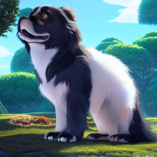 Prompt: a wholesome animation key shot of black tibetan spaniel, studio ghibli, pixar and disney animation, sharp, rendered in unreal engine 5, anime key art by greg rutkowski, bloom, dramatic lighting