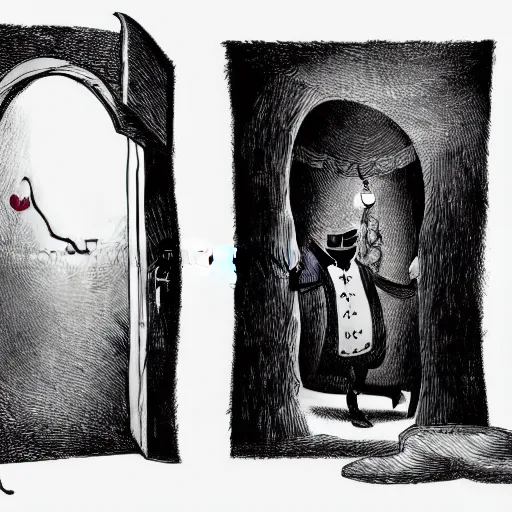 Prompt: storybook illustration of an open wardrobe revealing the entrance to a fantastic world featuring skullduggery pleasant, storybook illustration, monochromatic