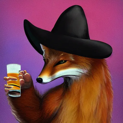 Prompt: a polygamous fox with a hat drinking beer and smoking e - cigarette, digital art, high details