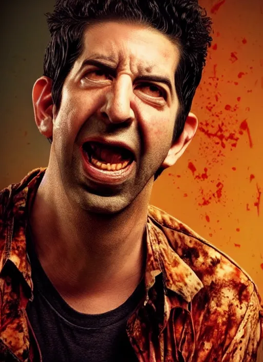 Image similar to david schwimmer becomes an angry zombie, face enhance, realistic, shaun of the dead, izombie, ultra detailed, octane render, lovecraftian, horror, dead space, the walking dead