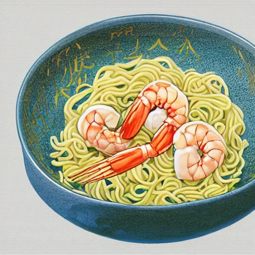 Image similar to illustration of noodles bowl with shrimps on makisu in traditional japan style, by makoto shinkai and takashi takeuchi