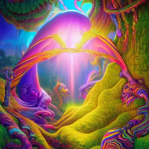 Image similar to Photorealistic Magical Wonderland in the style of Lisa Frank, Robert Venosa, Michael Whelan and Gustave Dore. Hyperdetailed photorealism, 108 megapixels, amazing depth, glowing rich colors, powerful imagery, psychedelic Overtones, 3D finalrender, 3d shading, cinematic lighting, artstation concept art