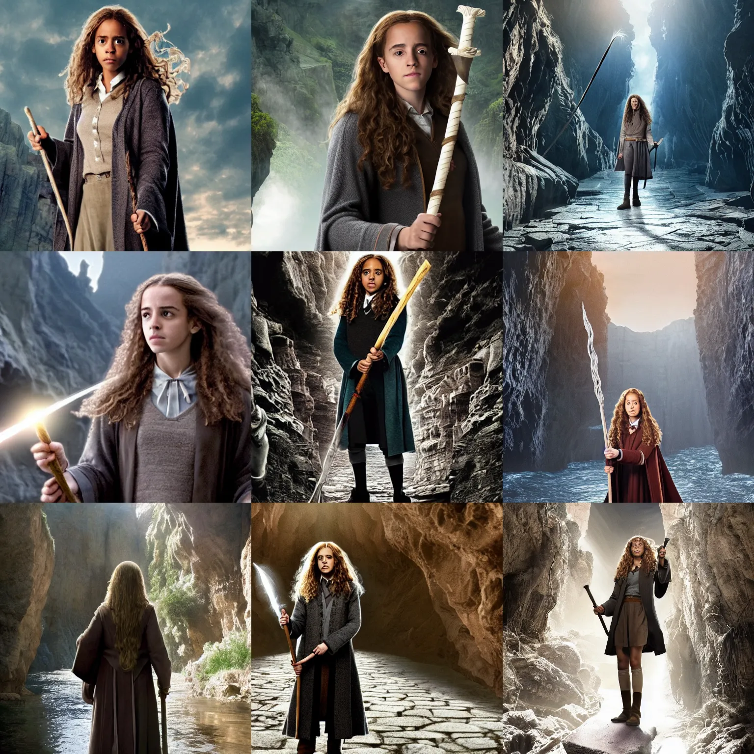 Prompt: Hermione Granger as Gandalf, holding a staff, guarding a narrow bridge over an underground canyon