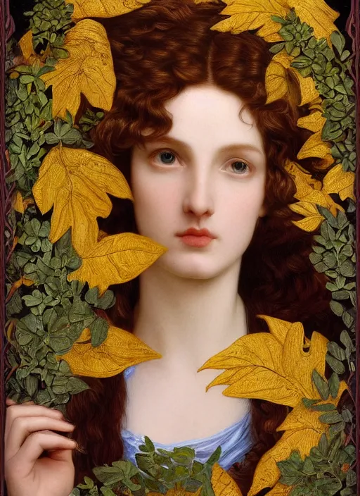 Image similar to masterpiece beautiful seductive flowing curves preraphaelite face portrait amongst leaves, extreme close up shot, straight bangs, thick set features, yellow ochre ornate medieval dress, horns, amongst foliage mushroom forest arch framed with plants, gold gilded circle halo, kilian eng and frederic leighton and rosetti, 4 k