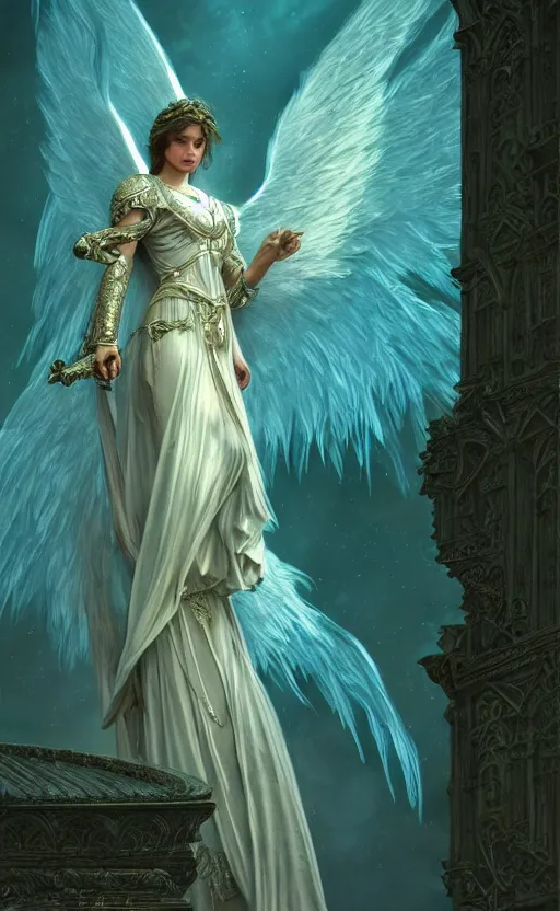 Image similar to angel, big wings, low key light, full plate armor with cloth, f 2. 8, bokeh, medium portrait, gentle, female, ornate city ruins, landscape, d & d, fantasy, intricate, elegant, highly detailed, teal white gold color palette, roger deakins, sharp focus, greg rutkowski and alphonse mucha