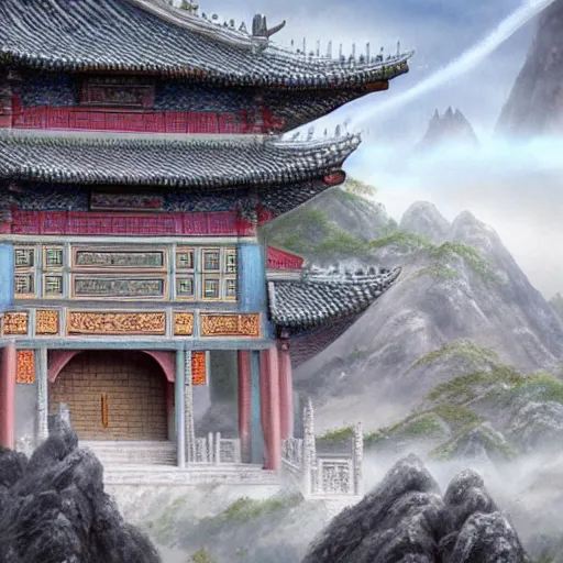 Image similar to dynamic composition, motion, ultra-detailed, incredibly detailed, a lot of details, amazing fine details and brush strokes, colorful and grayish palette, smooth, HD semirealistic anime CG concept art digital painting, watercolor oil painting of epic castle gate, from Three Kingdoms, by a Chinese artist at ArtStation, by Huang Guangjian, Fenghua Zhong, Ruan Jia, Xin Jin and Wei Chang. Realistic artwork of a Chinese videogame, gradients, gentle an harmonic grayish colors.