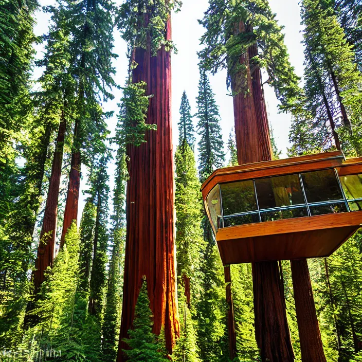 Prompt: glass tree houses with a balcony lounges among the giant sequoia trees at 2875 adanac.st vanvcouver,british columbia,canada