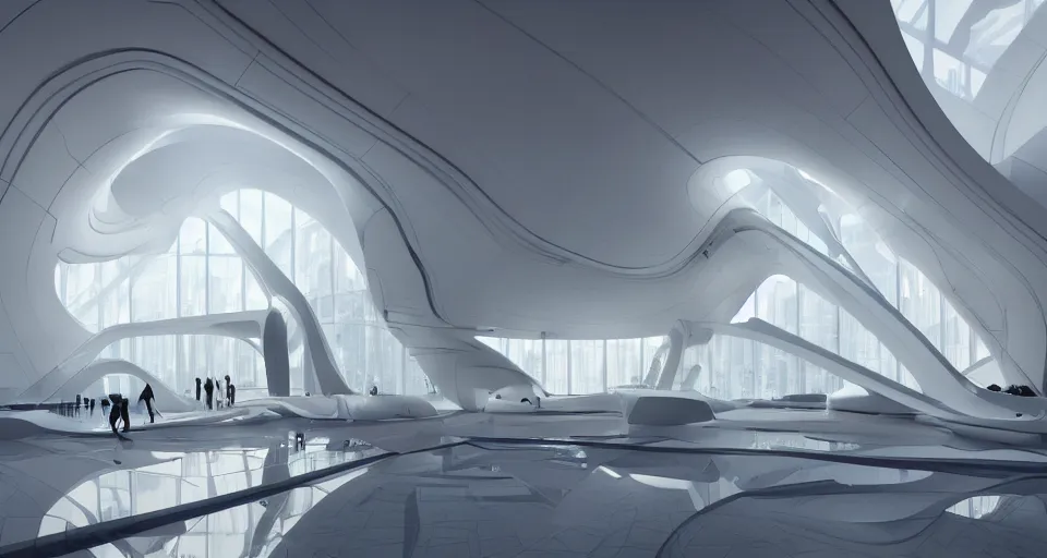 Prompt: A very beautiful serene interior!!!!, architecture of a Zaha Hadid style building, contemporary White and gold!!!, Large glass windows!!!, Museum Style, Exhibition, rendered by simon stålenhag, rendered by Beeple, Makoto Shinkai, syd meade, Interior concept, digital art, starwars, unreal engine, 3 point perspective, WLOP, trending on artstation, low level, 4K UHD image, octane render,