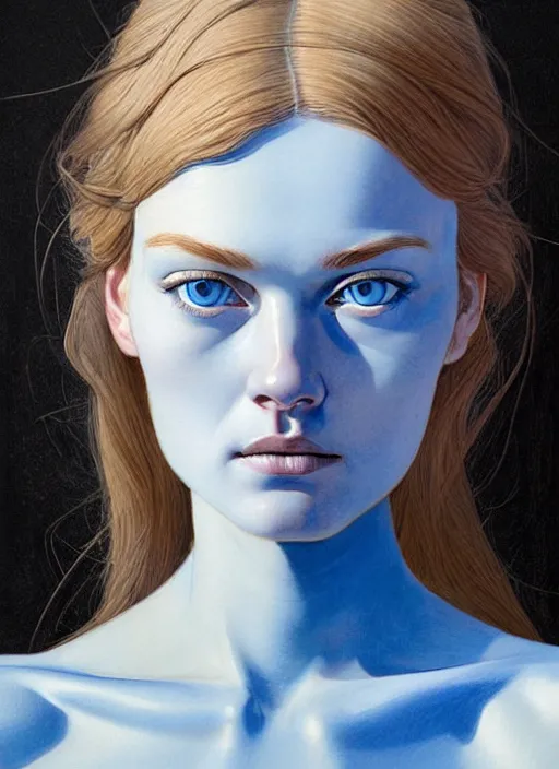 Image similar to a close up on the face of a beautiful woman in a future space suit; highly detailed; pretty blue eyes; pupils; artwork by james jean and Phil noto