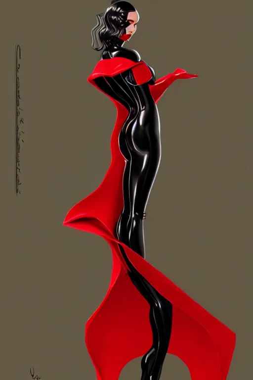Prompt: detailed beautiful noun in opened black gold red coat, seductive confident pose, attractive feminine curves, intricate details, futuristic, alien, elegant cape, elegant, photorealism, trending on artstation, holy halo, advanced technology, art by moebius and vitaly bulgarov and chanthara
