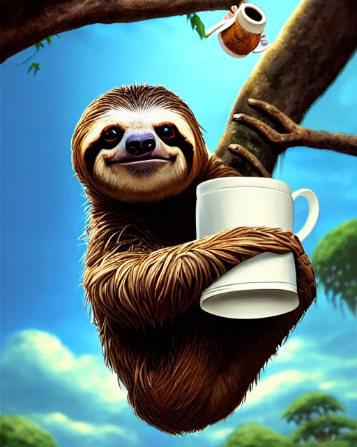 Prompt: An epic fantasy comic book style portrait painting of a sloth holding a cup of coffee in his hands while climbing a tree, very expressive, character design by Mark Ryden and Pixar and Hayao Miyazaki, unreal 5, DAZ, hyperrealistic, octane render, cosplay, RPG portrait, dynamic lighting, intricate detail, summer vibrancy, cinematic