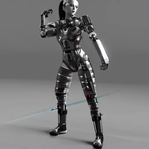 Image similar to a cybernetic female android martial-artist/mercenary in a combat pose Photorealistic HD 8k highlights and shadow detailed High Resolution