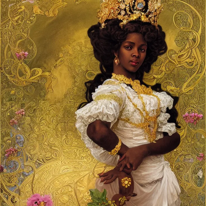 Image similar to highly detailed venetian rococo portrait of a black princess wearing a crown, golden jewels, pastel flowery background, volumetric lighting, realistic, symmetrical, digital illustration, art by alphonse mucha, kehinde wiley, artem demura