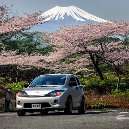 Image similar to a jdm mazda rx fused into hover craft 2 0 8 9 futuristic version, cyberpunk look hovering by mount fuji early in the morning with a few blossom trees around, high quality photo