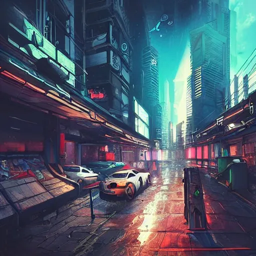 Prompt: street view, cyberpunk!!!!! ( ( ( ( ( ( ( dystopian ) ) ) ) ) ) ), trending on artstation, fisheye!!! lens