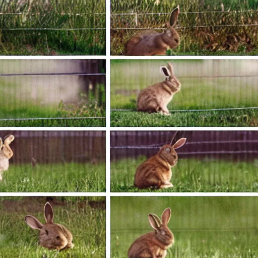 Image similar to a rabbit jumping up over a fence, shown as a film strip showing 9 sequential stills from the video clip in a grid