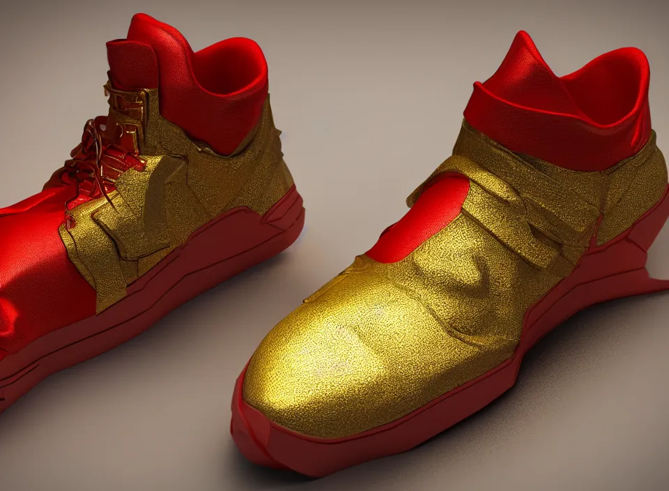 Image similar to realistic 3 d render of a cyberpunk android sneaker, beautiful studio lighting, soft, sharp focus, neon cyberpunk highlights, intricate detail, gold and red metal, soft rubber, textured plastic, octane render, side view, close up, trending on artstation, deviantart, nike, adidas, converse, vessi, reebok, salomon