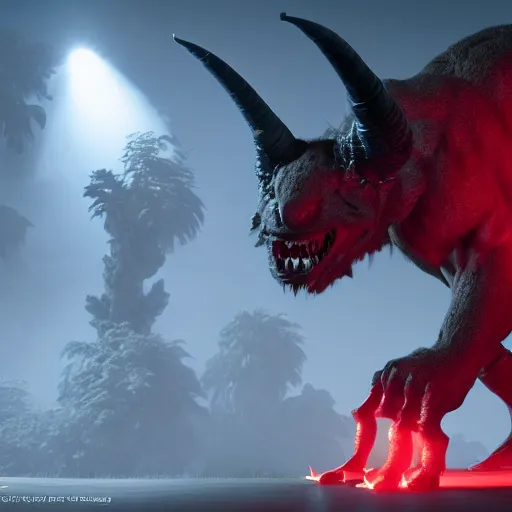 Image similar to cinematography picture of the big monster with horns and big red eye, cyclope, fluffy skin, red soft lights, 8k, unreal engine 5, cel-shading, photography, highly detailed