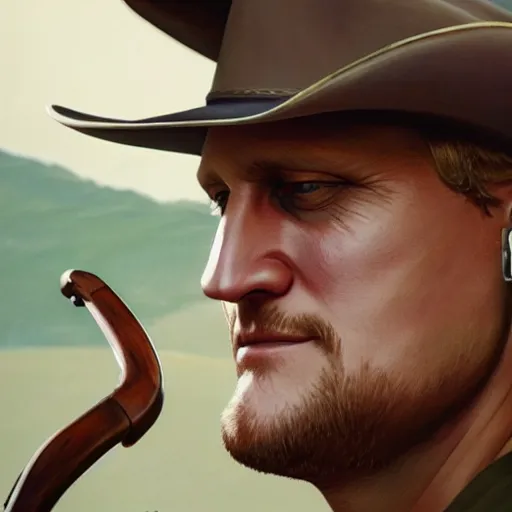 Prompt: portrait painting of woody harrelson, with a cowboy hat and bloody golf club, ultra realistic, concept art, intricate details, eerie, highly detailed, photorealistic, octane render, 8 k, unreal engine. art by artgerm and greg rutkowski and alphonse mucha