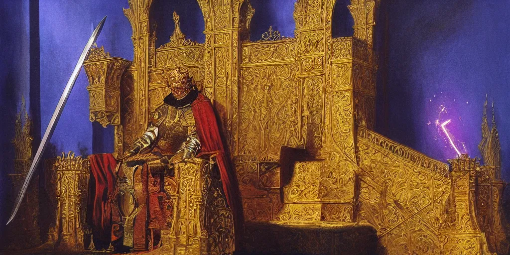 Prompt: a medieval king sitting on a golden throne led by stairs leaning on a shiny sword in a palace, illuminated by glowing light behind the throne, beksinski and syd mead cinematic colorful painting