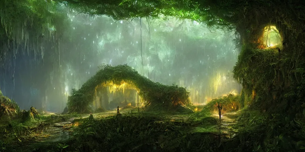 Image similar to a digital painting of a cave entrance in a mystical forest with vines hanging from trees, fireflies glowing in various colors, desaturated, a detailed matte painting by stephan martiniere, cgsociety, fantasy art, matte painting, concept art, fractalism