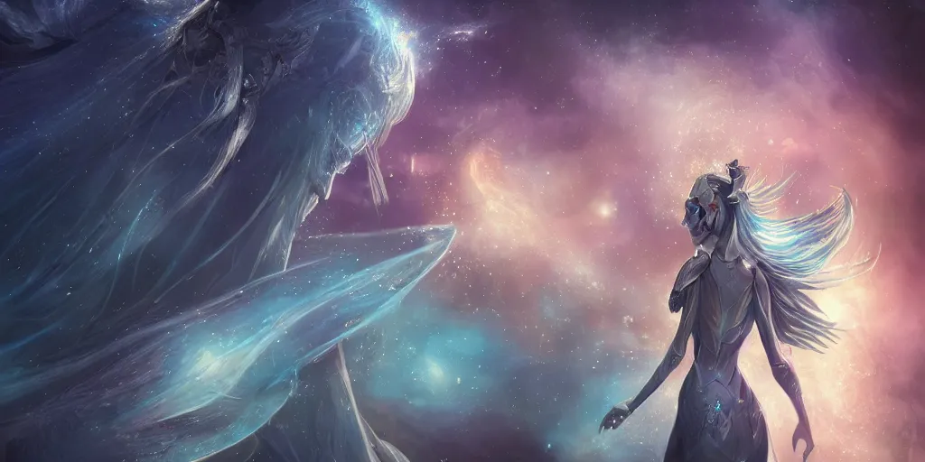 Prompt: portrait beautiful celestial castle, stellar space, ethereal, cosmic universe, majestic, interstellar, nebula, hyperreality, birds eye view, beautiful cyborg women, running into battle, epic fantasy character art, goddess of war, digital art, airbrush, exquisite detail, low angle, cinematic, intricate, epic, depth, artstation, unreal engine, 8 k, hd