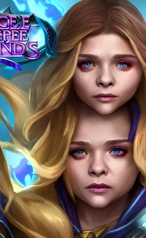 Image similar to Chloë Grace Moretz as a character in the game League of Legends, with a background based on the game League of Legends, detailed face, old 3d graphics