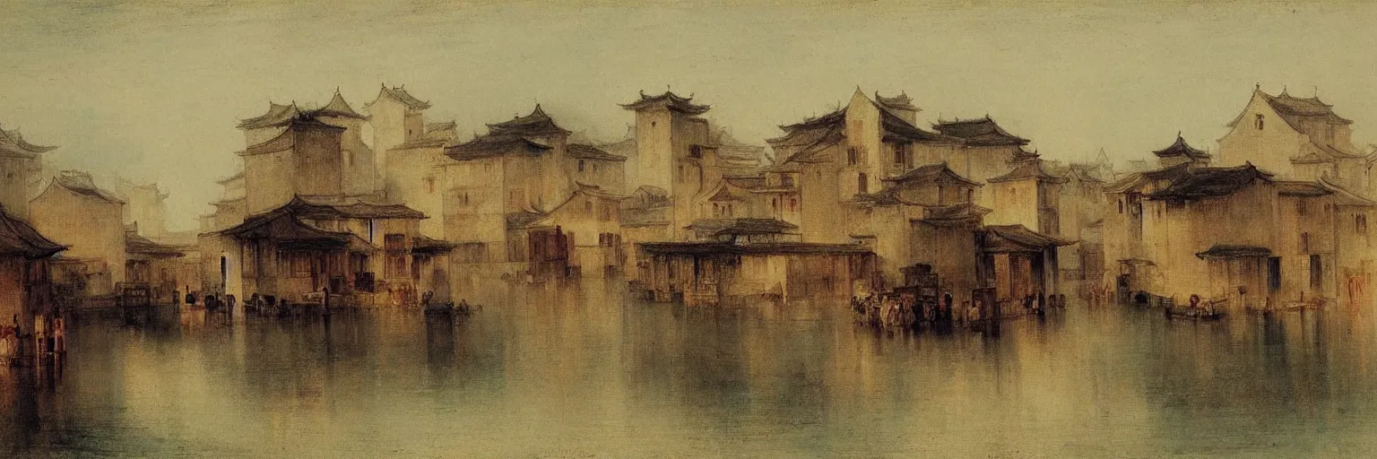 Image similar to wuzhen of china impressionism style by j. m. w. turner, c. 1 8 2 7, - h 1 5 3 6
