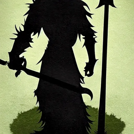 Image similar to fantasy art sillohuette character with scythe standing in for ground, menacing werewolf in background, intense, stunning, unsettling ( dark colors ) ( mist )