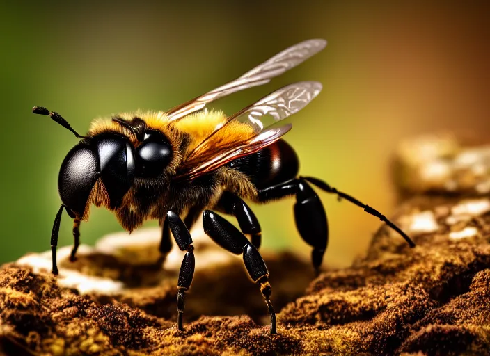 Prompt: super macro of a cyborg terminator bee drinking from a flower in the forest. fantasy horror cyberpunk style. highly detailed 8 k. intricate. nikon d 8 5 0 3 0 0 mm. award winning photography.