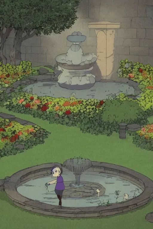 Image similar to A ghost wanders close to a stone fountain in a well planted formal flower garden at dusk studio ghibli