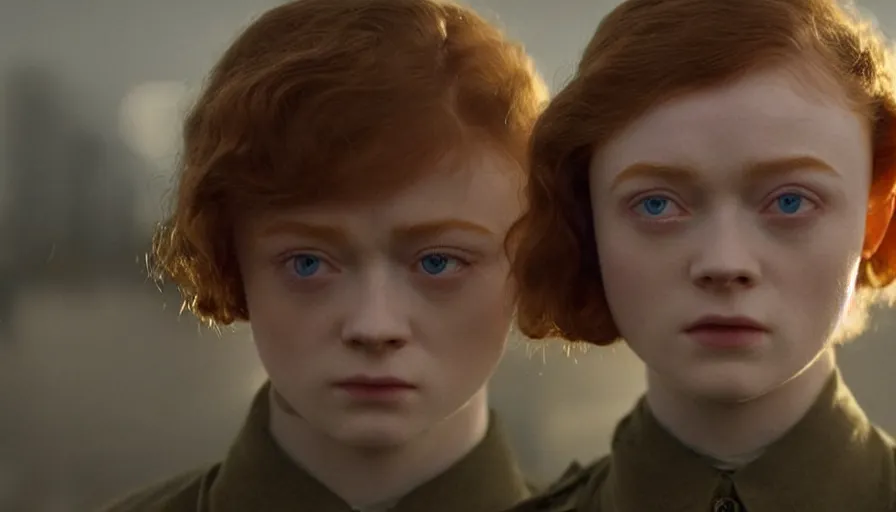 Image similar to sadie sink with military cut hair in oversized man's coat : a still from a scifi soviet cyberpunk film from 1 9 8 0 s. by steven spielberg and james cameron. 6 5 mm low grain film stock. sharp focus, realistic facial expression, perfect anatomy, global illumination, radiant light, detailed and intricate environment, trending on artstation