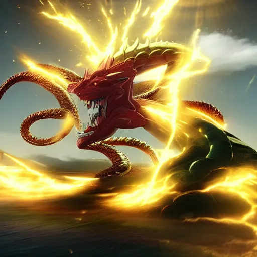 Image similar to shenron fighting bahamut, hyper realistic, cg animation, final fantasy, dragon ball z