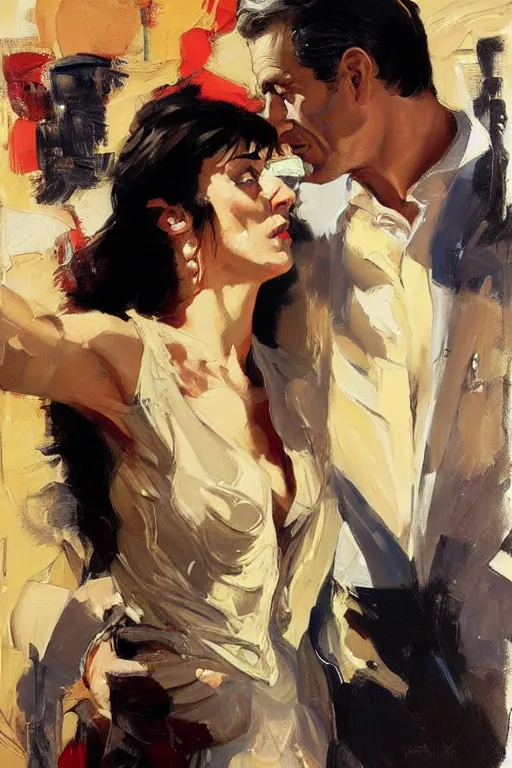 Image similar to jeffrey epstein and ghislaine maxwell, painting by jc leyendecker!! phil hale!, angular, brush strokes, painterly, vintage, crisp