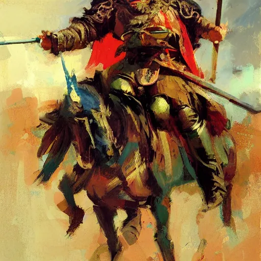 Image similar to close - up portrait of colorful rider holding jousting lance, caparisons, chainmail, by greg manchess, bernie fuchs, ruan jia, walter everett