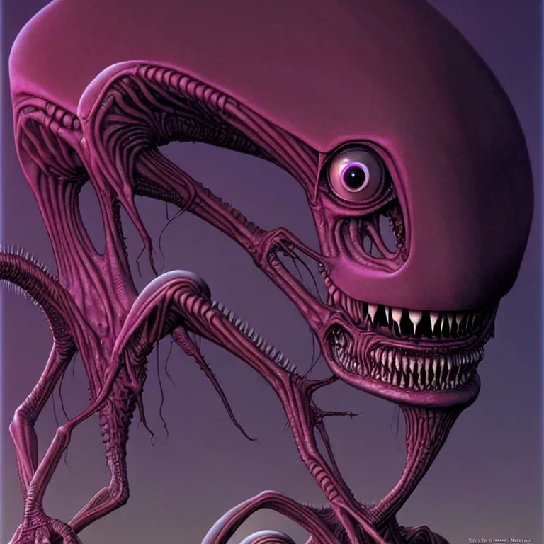 Prompt: a terriyfying alien designed by wayne barlowe and jim burns, animated by pixar