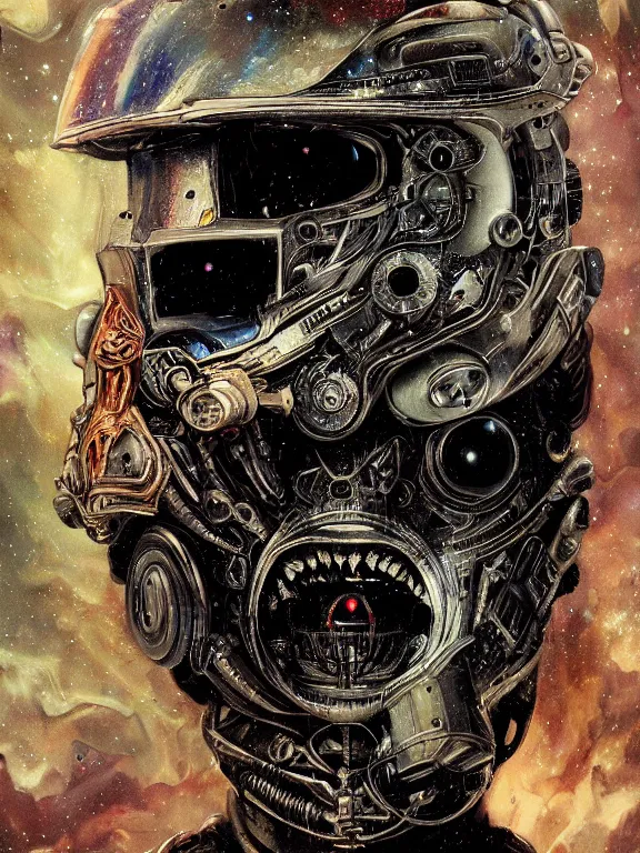 Prompt: art portrait of a chaos space king, decaying, galaxy reflected in helmet, giger,8k,by tristan eaton,Stanley Artgermm,Tom Bagshaw,Greg Rutkowski,Carne Griffiths, Ayami Kojima, Beksinski, Giger,trending on DeviantArt,face enhance,hyper detailed,minimalist,cybernetic, android, blade runner,full of colour,