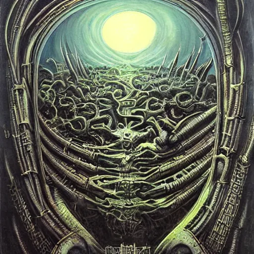 Prompt: a painting of a supreme calamity, apocalypse, end of the world, painting by h. r. giger, super high detail, cosmic perspective, unimaginable scale, grand